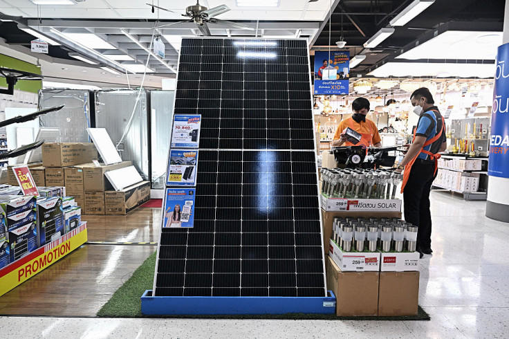 A solar panel on display at a home improvement store