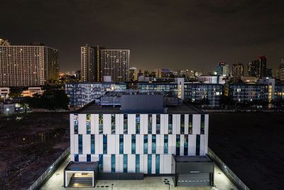 A general view shows a data centre building (bottom C)